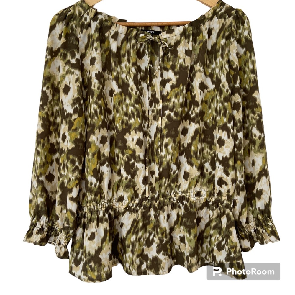 JACOB GREEN/BROWN/BEIGE ANIMAL PRINT BLOUSE W/ ELASTIC WAIST/PLEATED NECKLINE, M